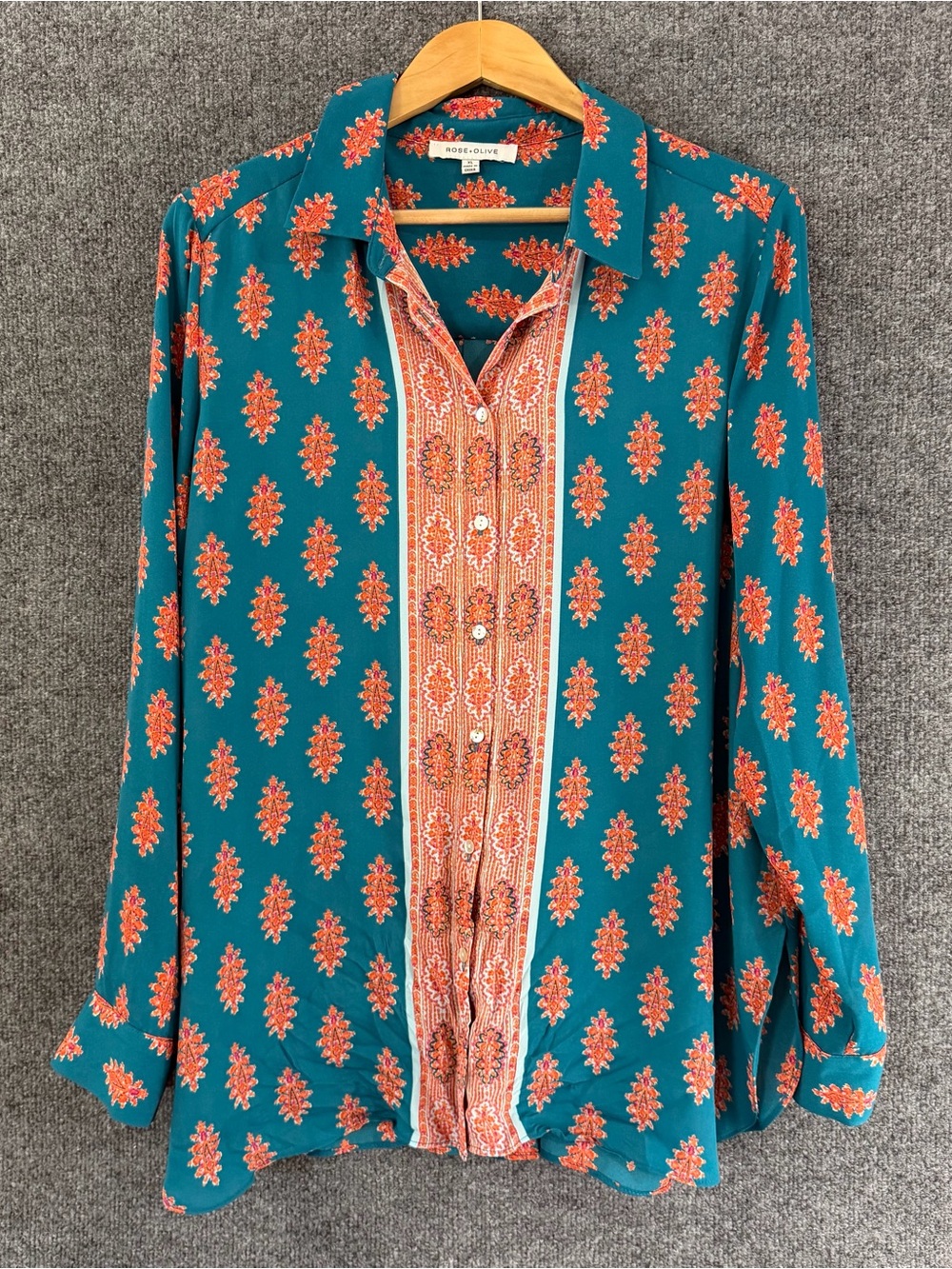 Rose& Olive Womens Mixed Print Button Up Top Size XL Teal Orange Artsy Office
